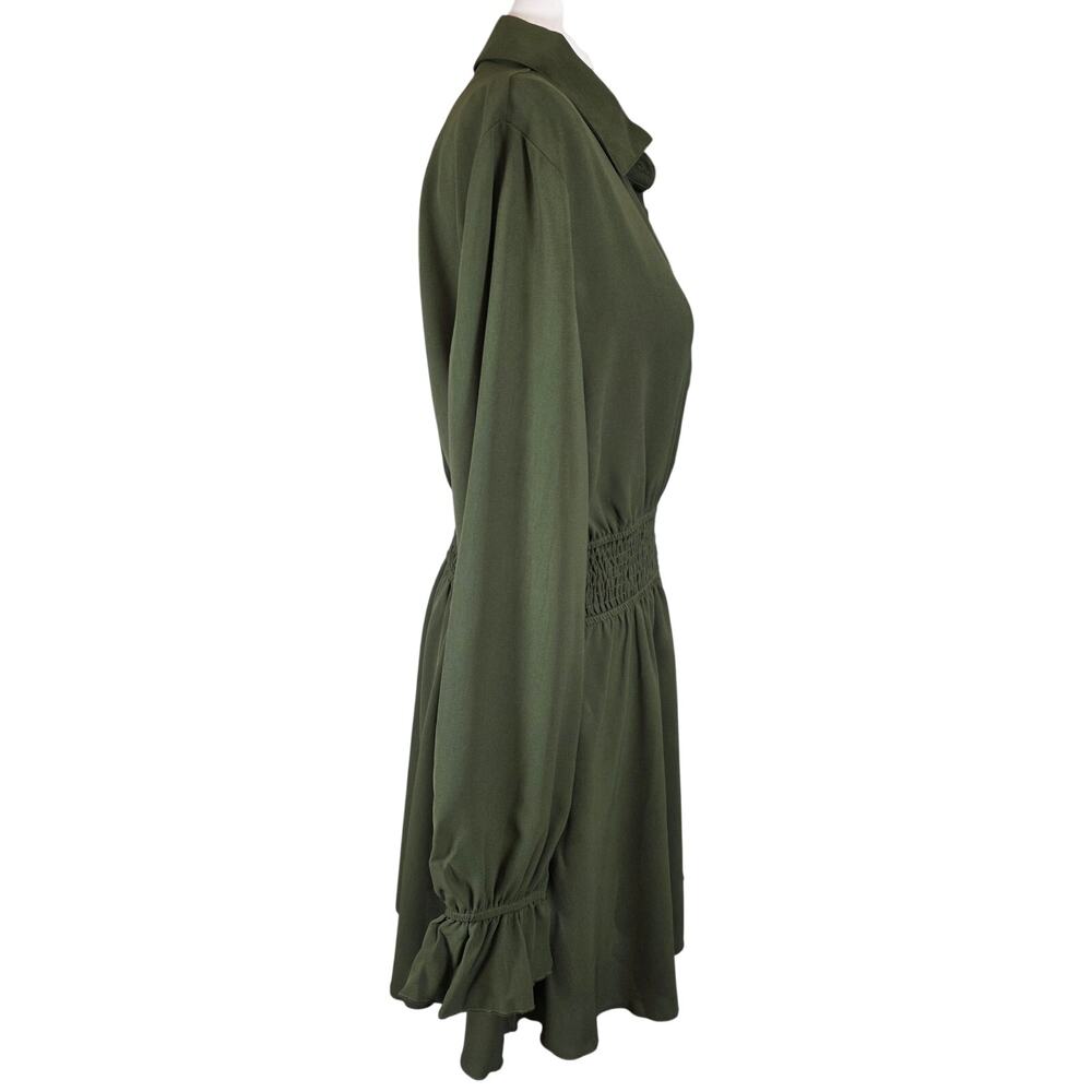 NWT XL Cupshe Button-Front Smocked Waist Long Sleeve Unlined Dress Olive Green - Picture 5 of 11